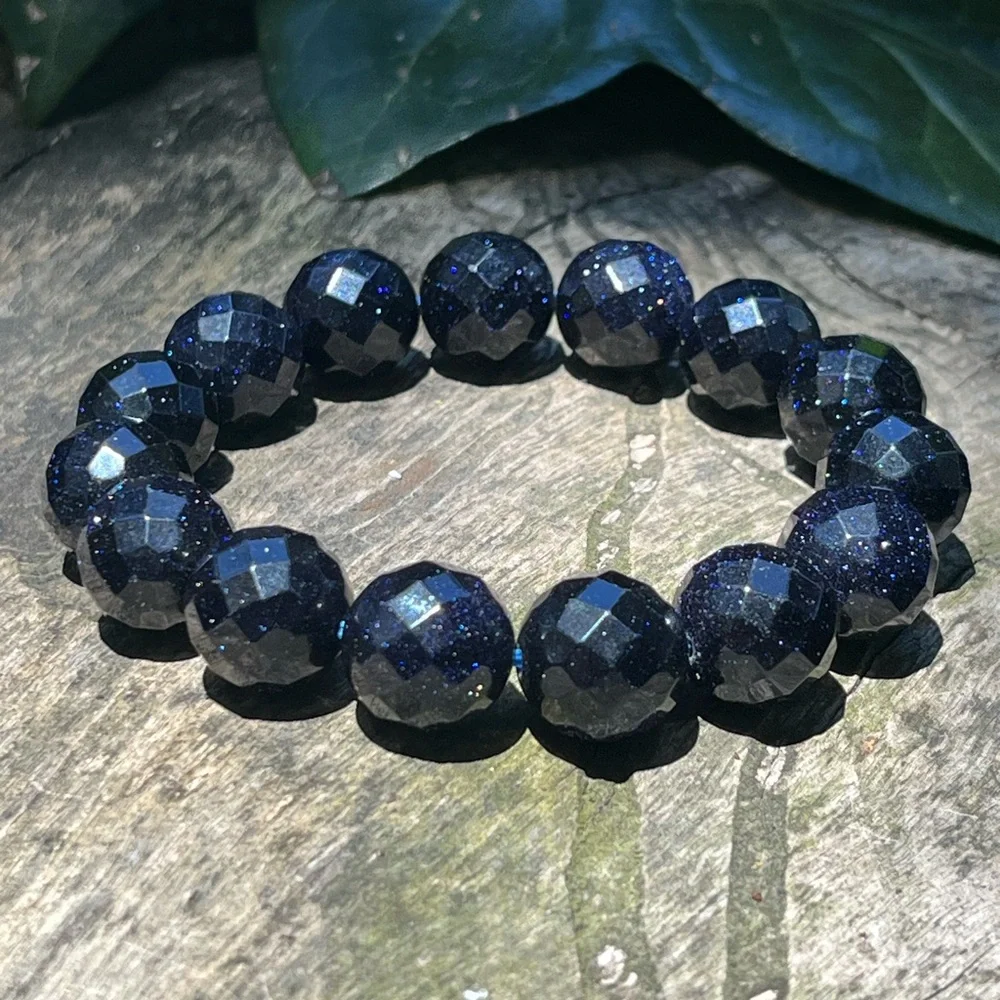 14mm sparkling faceted‎ blue sandstone bracelet